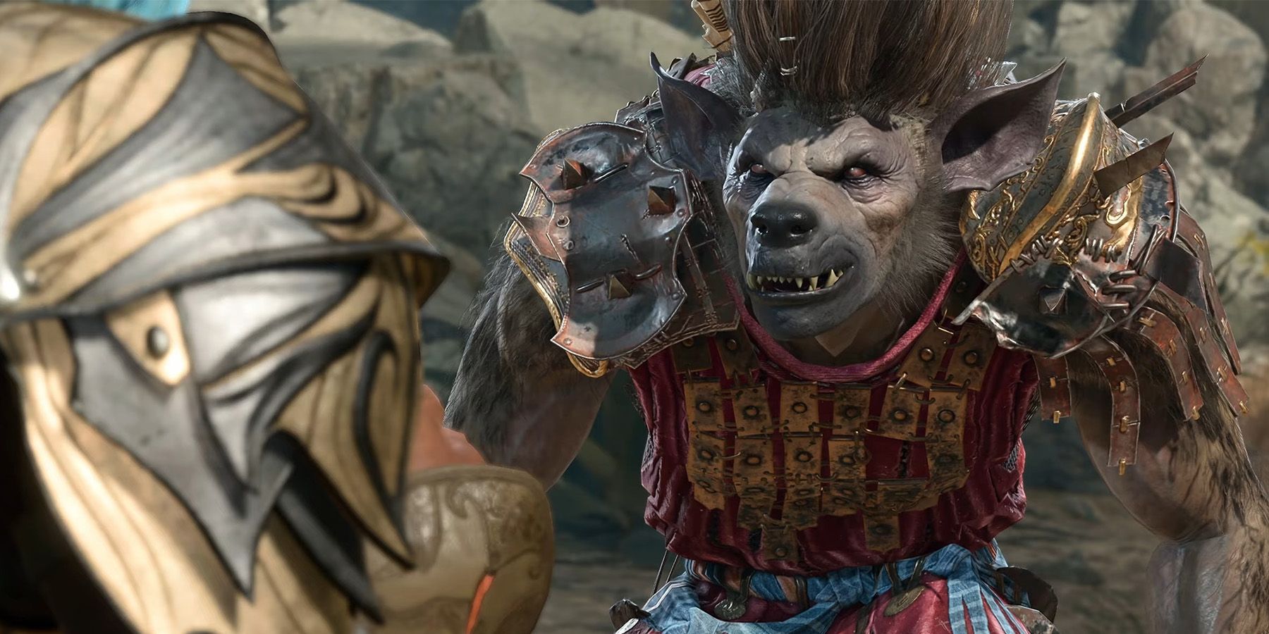 A character speaking to a hulking gnoll warlord in Baldur's Gate 3.