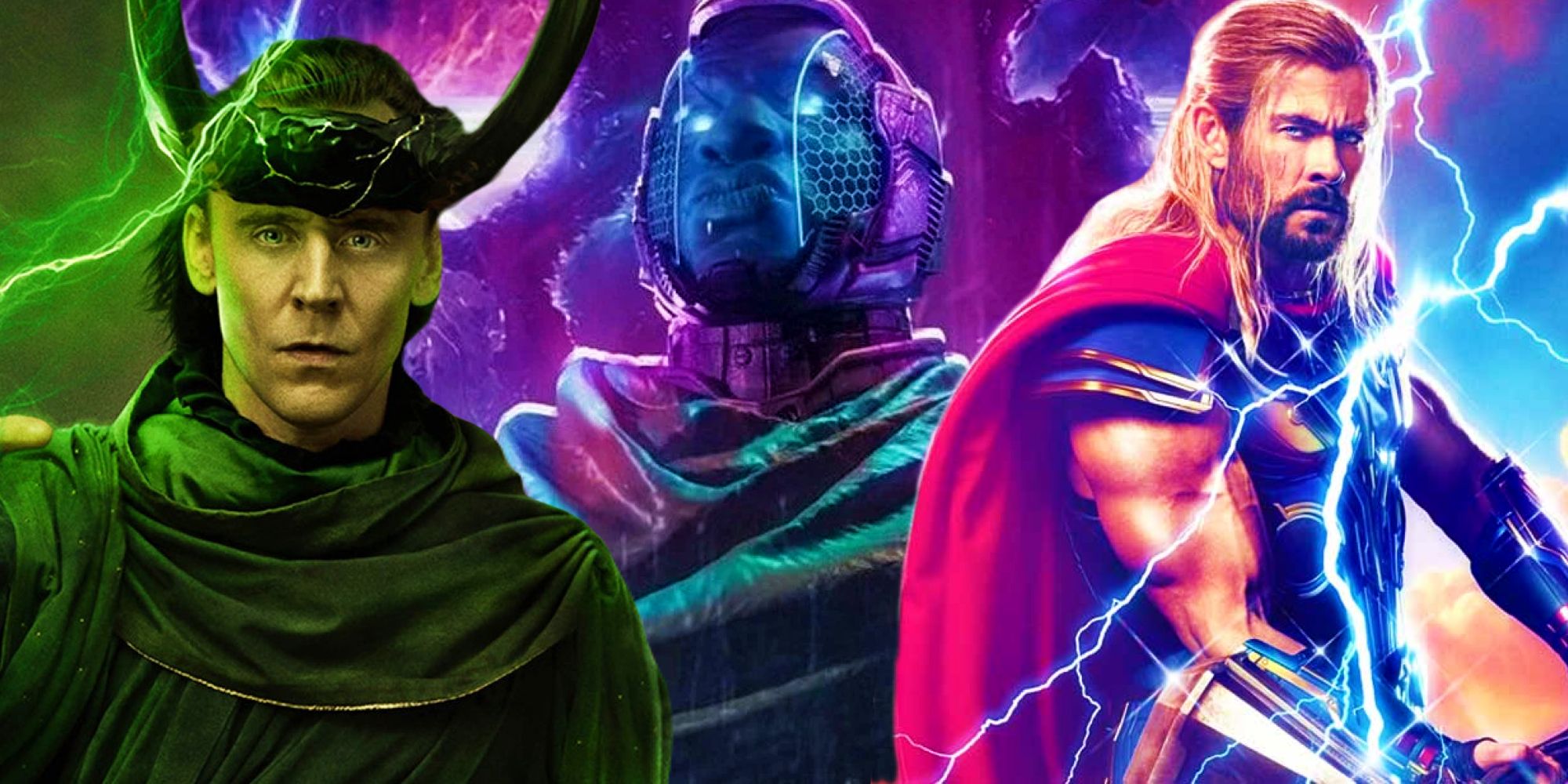 Artwork of Kang the Conqueror between Tom Hiddleston as God Loki and Chris Hemsworth as Thor in Thor: Love and Thunder