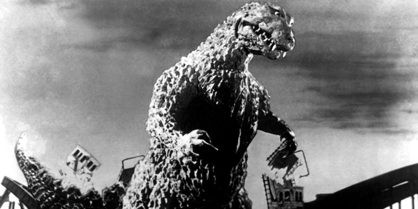 Godzilla walking on a bridge and destroying it in Godzilla (1954)