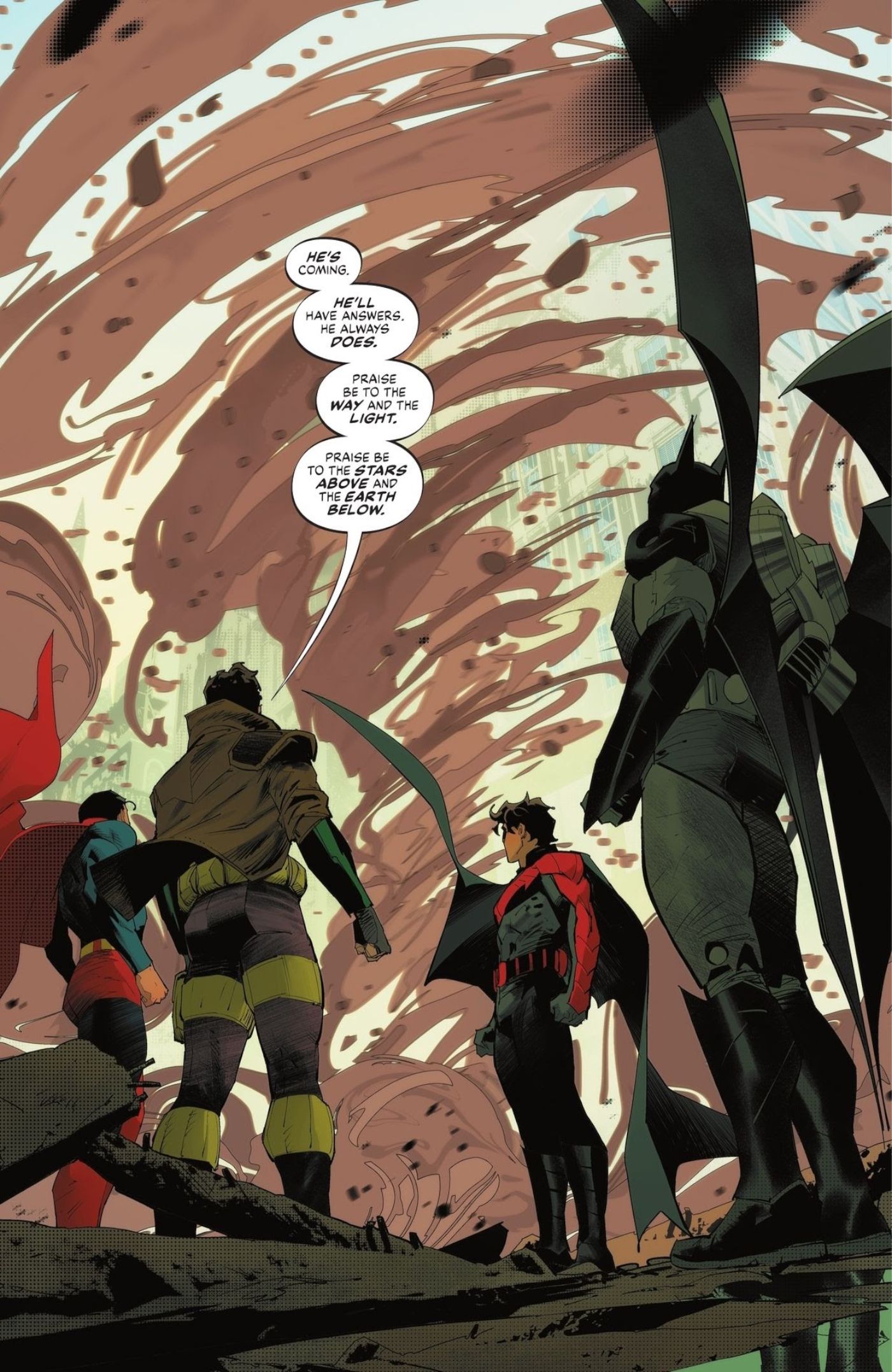 Página de cómic: superhéroes disfrazados se encuentran ante un torbellino.