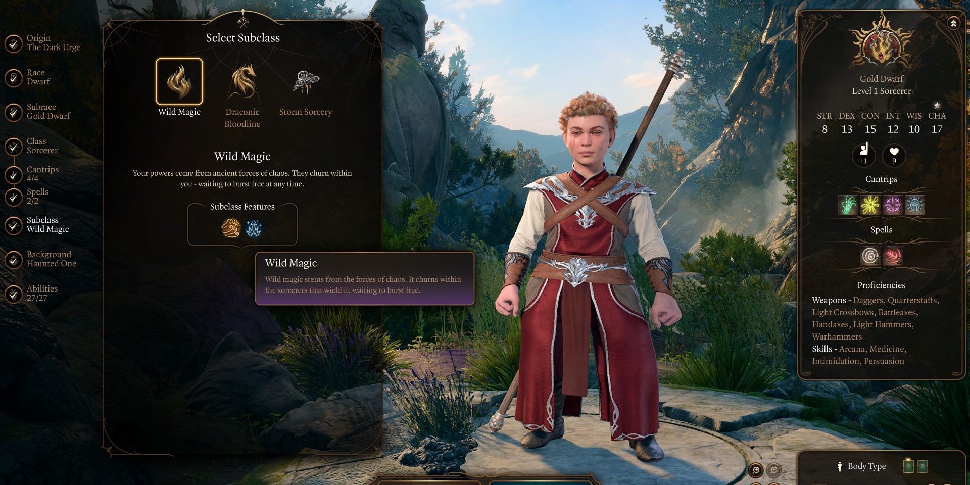 Character creation screen showing a gold dwarf wild magic sorcerer in Baldur's Gate 3