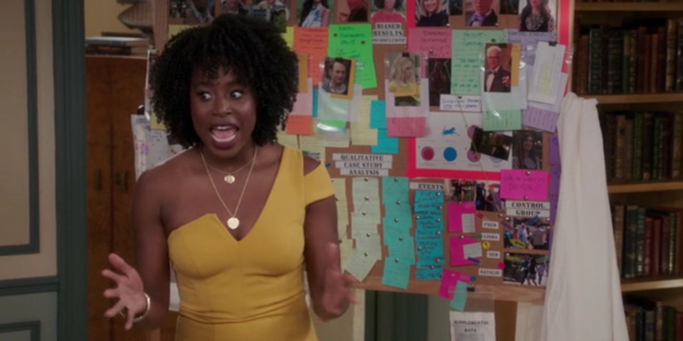 Simone in front of the Whiteboard in The Good Place