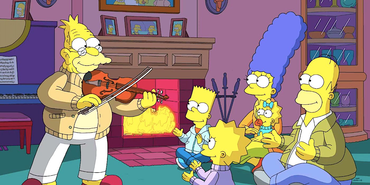 Grampa plays the fiddle as the family listen in The Simpsons season 35 episode 7