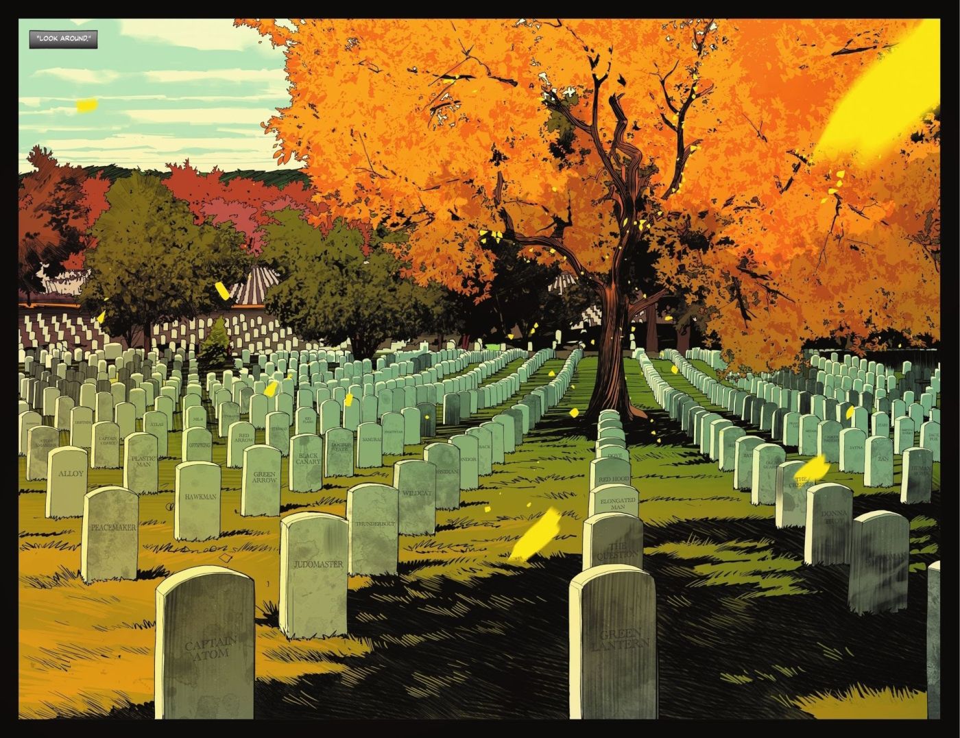 Comic book panel: a large graveyard filled with white headstones and fall foliage.
