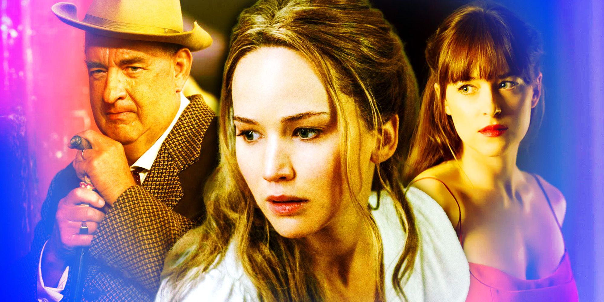 Tom Hanks in Elvis, Jennifer Lawrence in mother!, and Dakota Johnson in Fifty Shades Of Gray