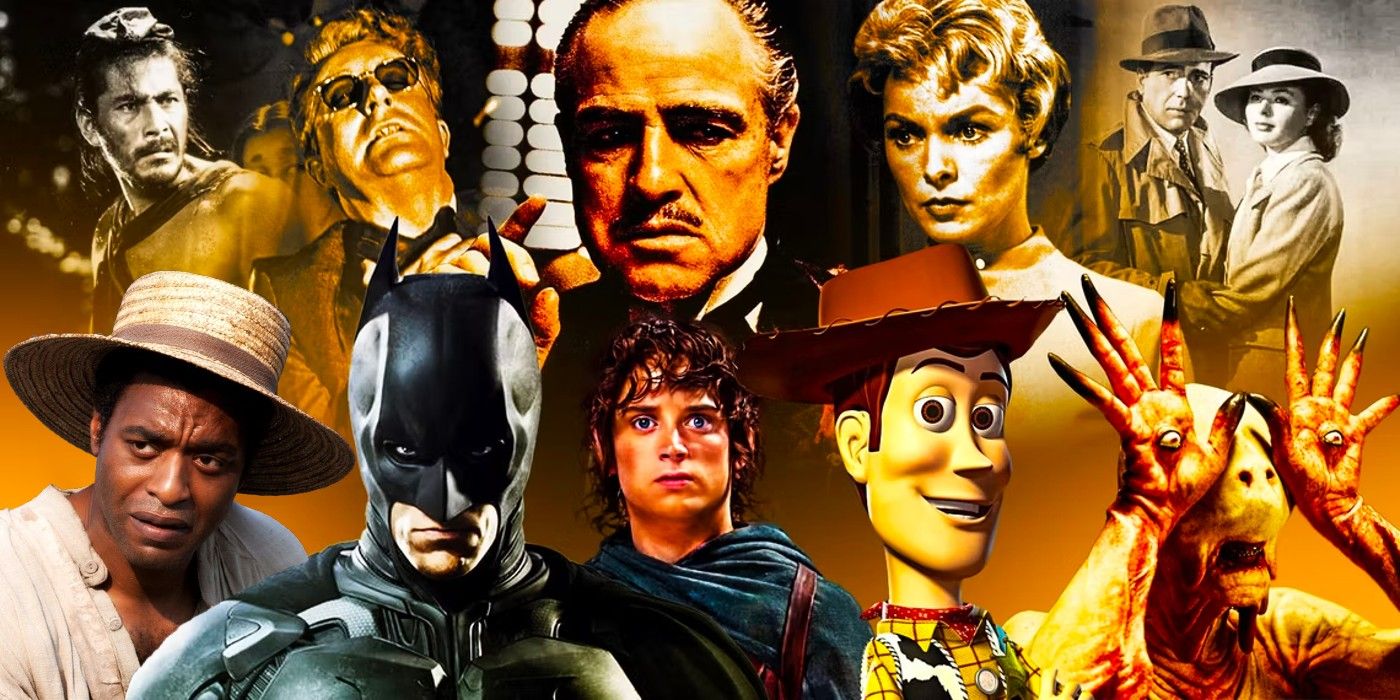 A collection of characters from the greatest movies of all time including Woody the Cowboy from Toy Story, the Godfather, and Frodo Baggins