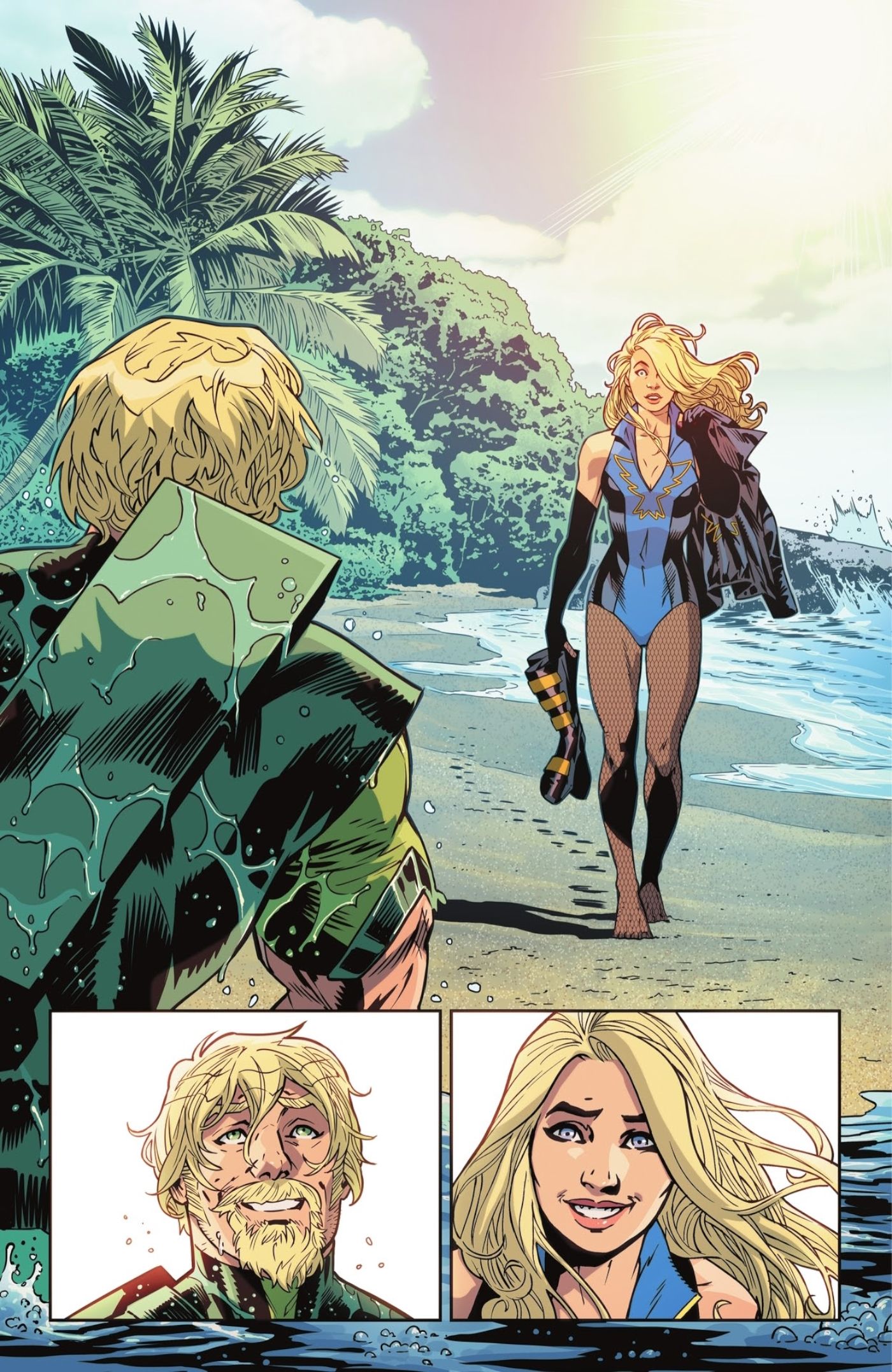 Paneles de cómics: superhéroes disfrazados, Flecha Verde y Canario Negro, se sonríen en una playa.