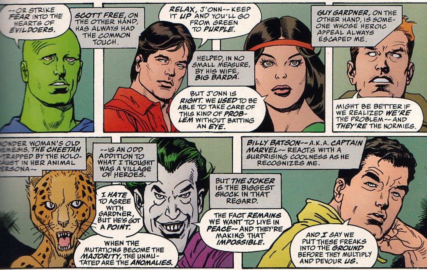 Comic book panels: costumed superheroes and villains have a long discussion.