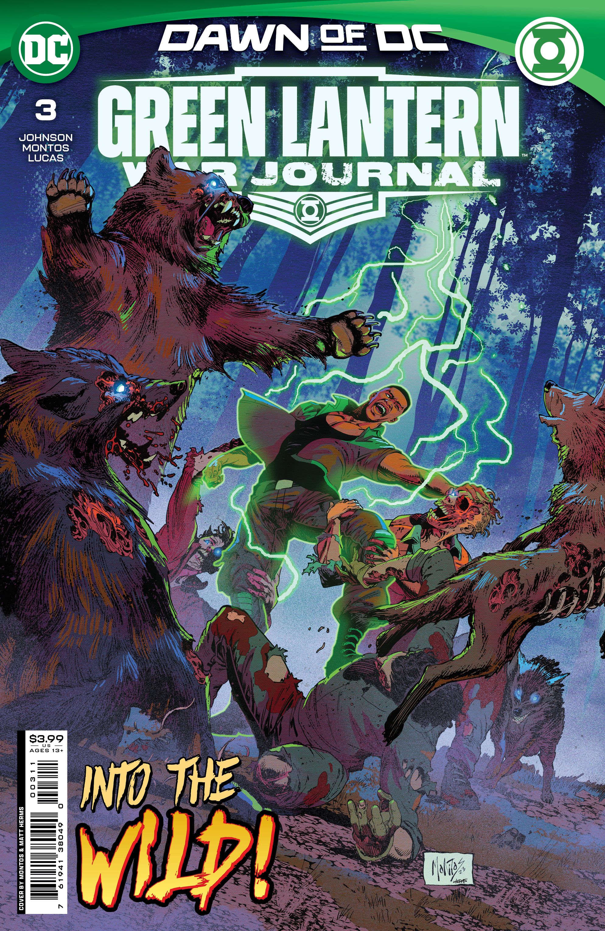 Green Lantern War Journal 3 Cover: John Stewart, a Black man, fights zombies and forest creatures while doused in green lightning.