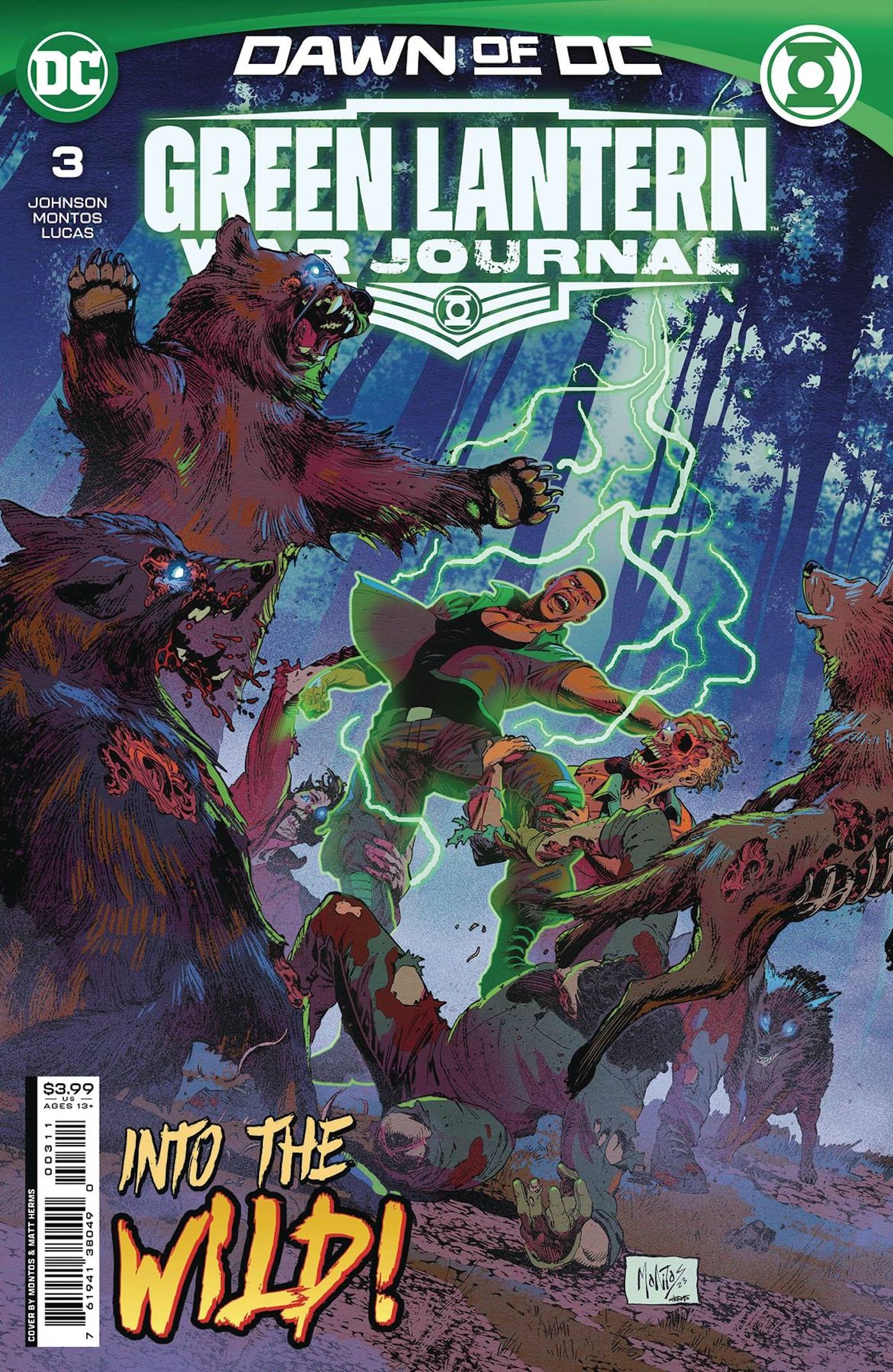 Green Lantern John Stewart battles wild animals on a comic book cover.