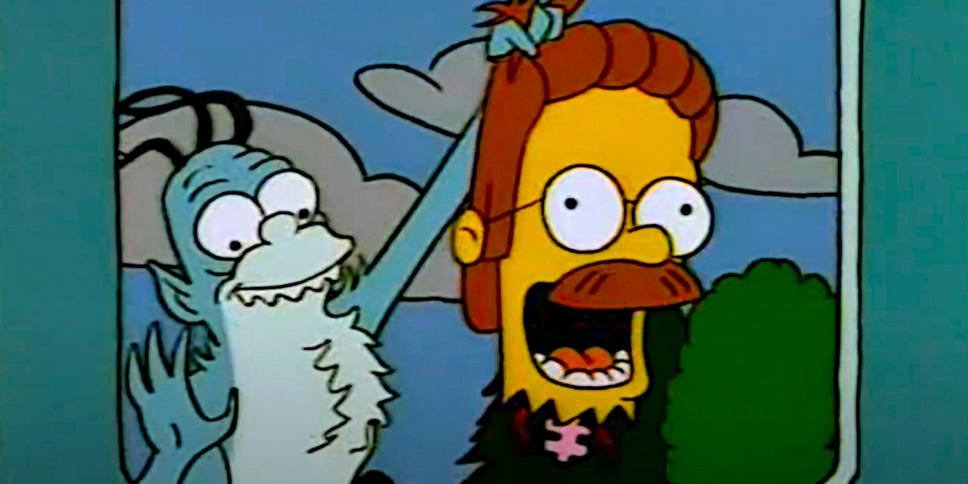A gleeful gremlin holds up Ned Flanders' decapitated head in The Simpsons' Treehouse of Horror IV