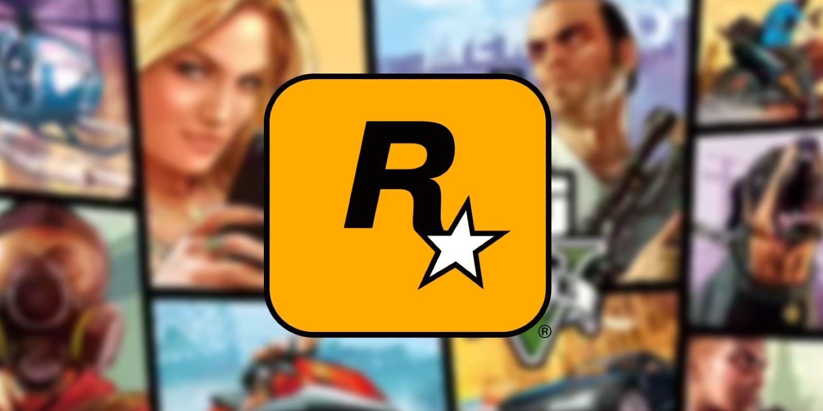 Key art for GTA 5. blurred, with a Rockstar Games yellow logo atop