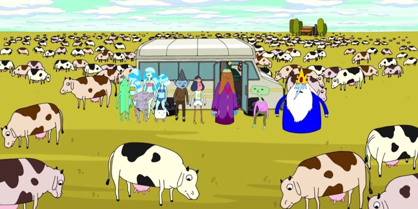 A group of wizards with a broken bus in a cow pasture. (Adventure Time)