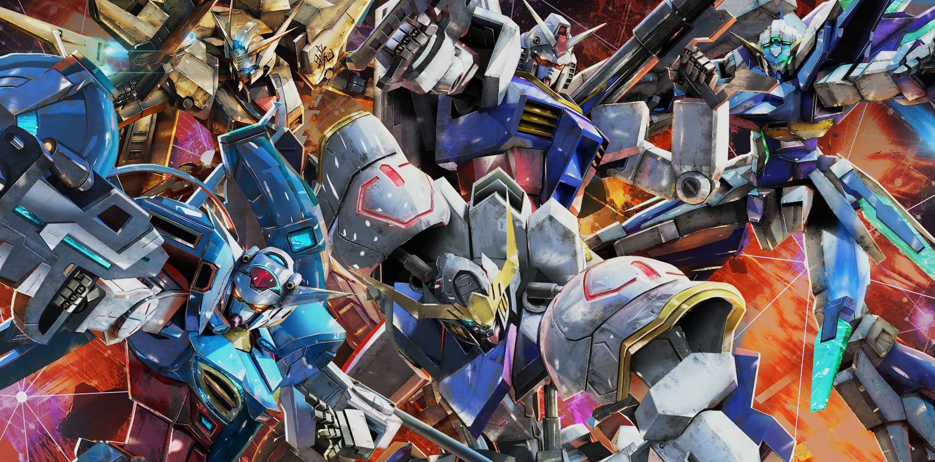 Gundams in a collage from different eras and series from Mobile Suit Gundam. 