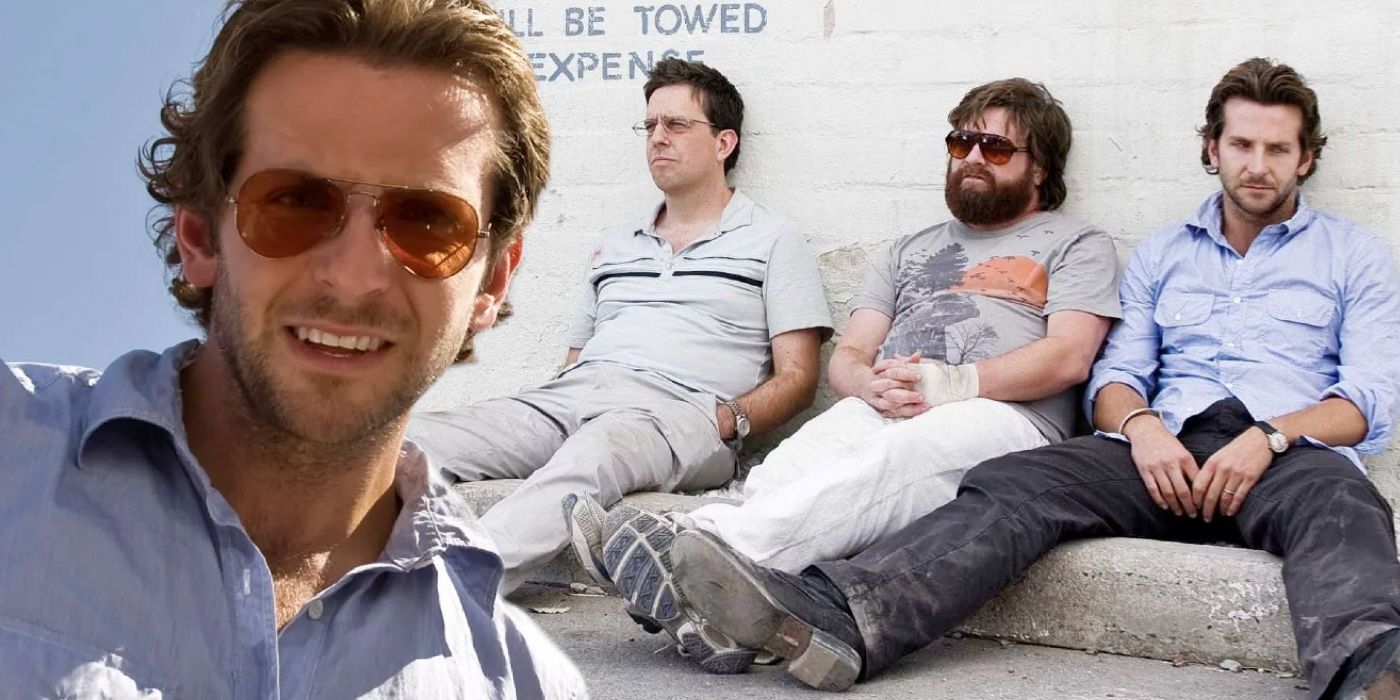 The cast of The Hangover look on in a composite image from the first movie