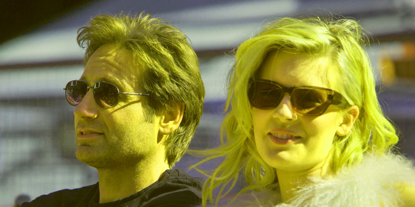 Hank and Faith wearing sunglasses and smiling in Californication season 6.
