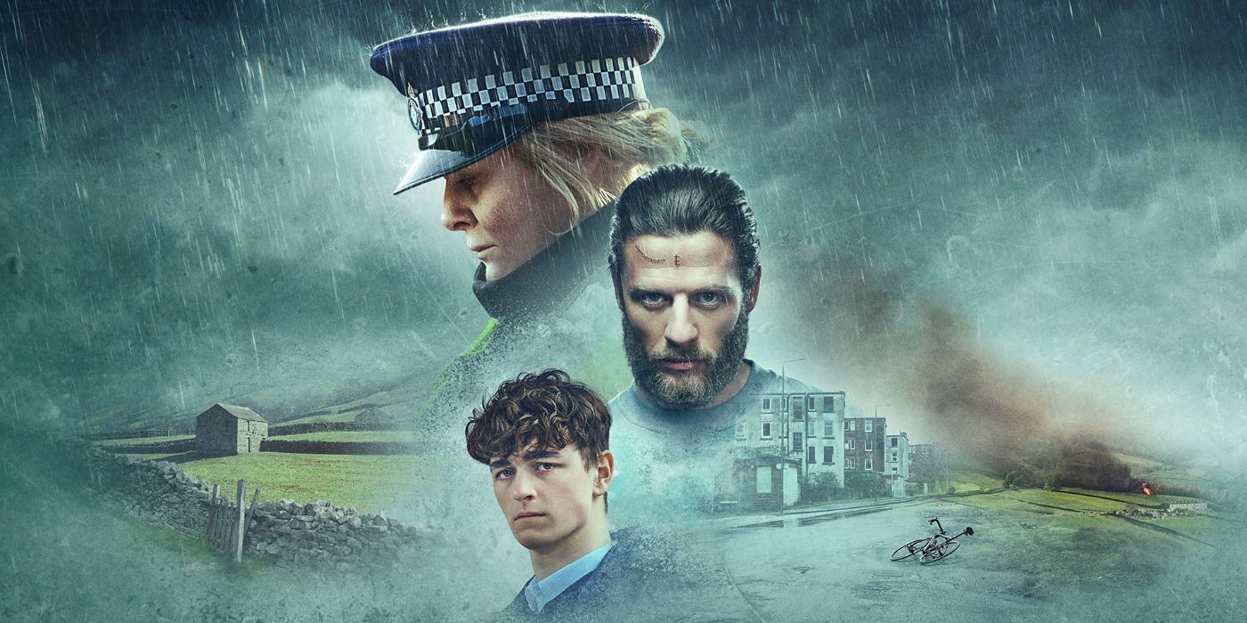 Happy Valley season 3 poster of Catherine, Tommy, and Ryan in front of a dark and stormy scene.