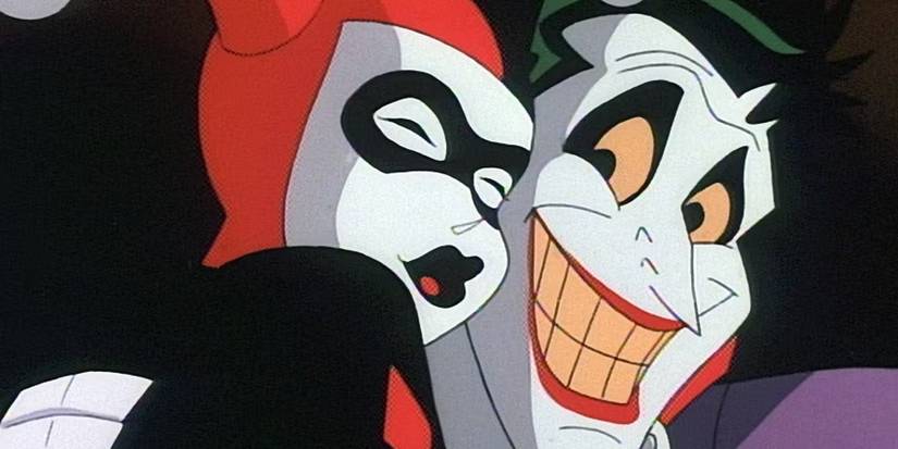 Harley Quinn hugs Joker in Batman the Animated Series