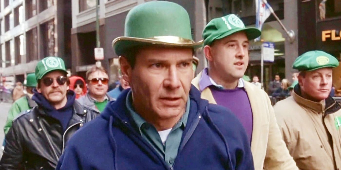 Harrison Ford wearing a green hat as part of the Chicago Saint Patrick's Day parade in The Fugitive.