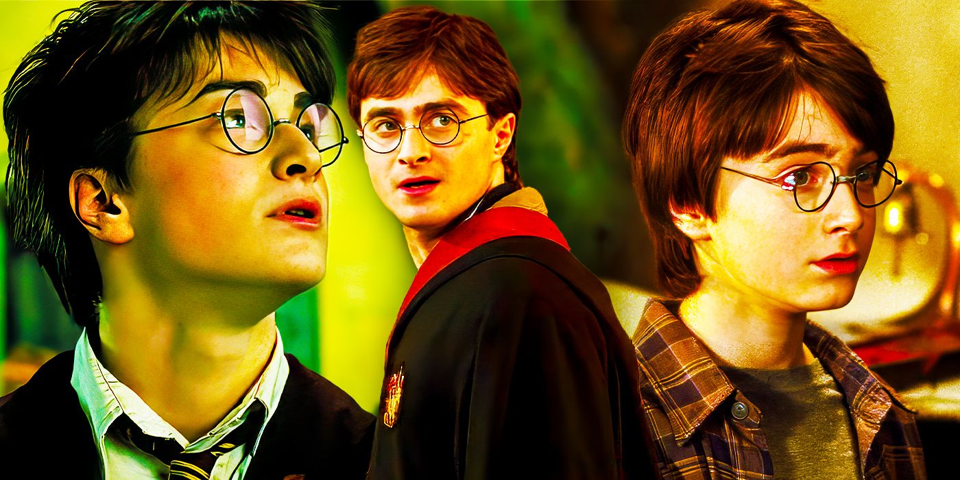 A collage of Daniel Radcliffe as Harry Potter - He's looking up in the left image, looks annoyed in the middle shot, and looks surprised in the right image