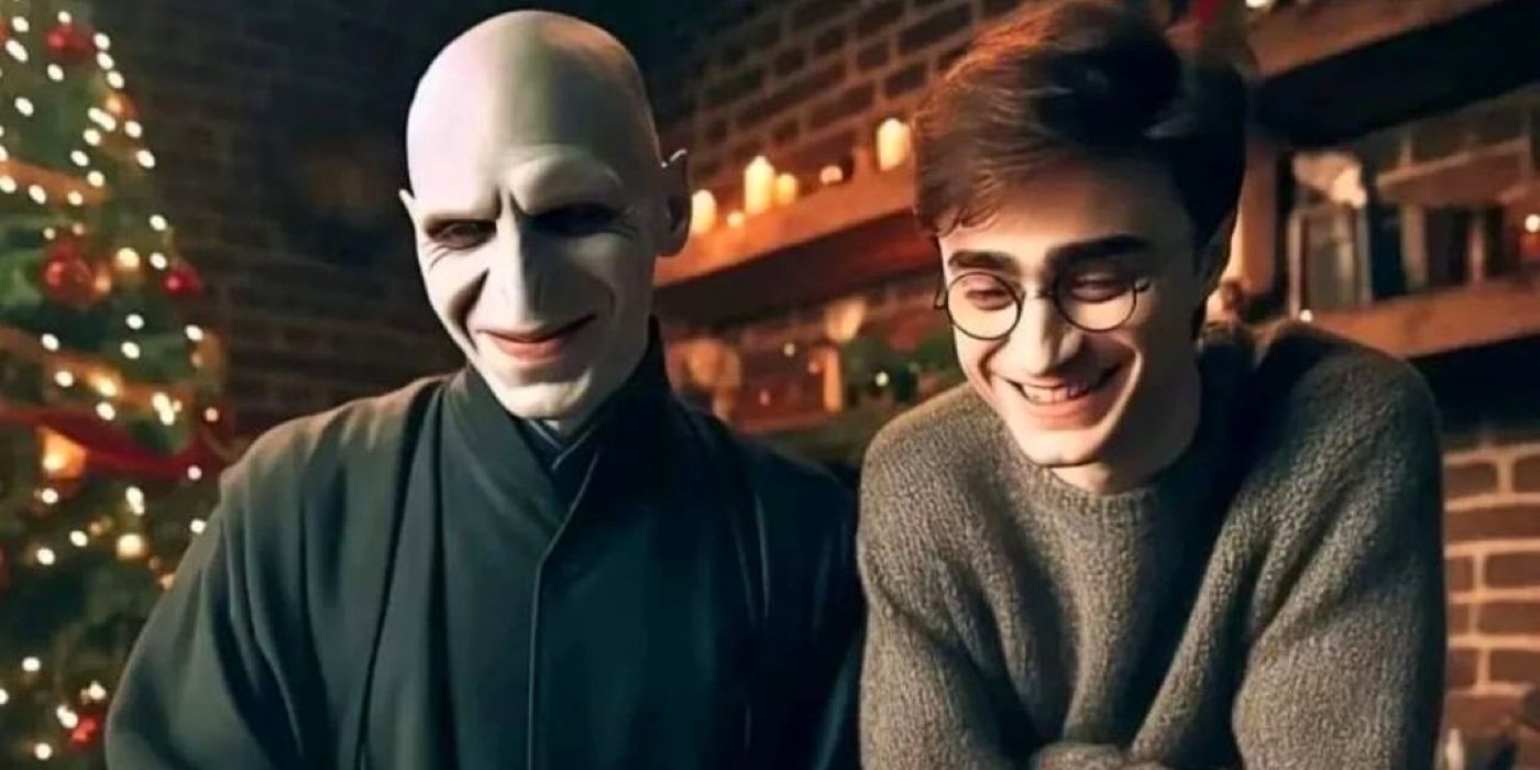 AI-generated image of Harry Potter and Voldemort sitting in front of a Christmas tree and smiling.