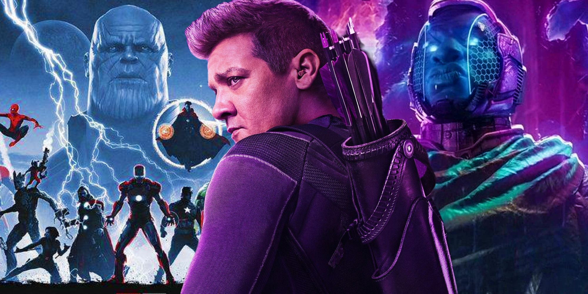 Hawkeye&rsquo;s character poster from the Hawkeye show between artwork of the MCU&rsquo;s Infinity Saga and Jonathan Majors as Kang the Conqueror