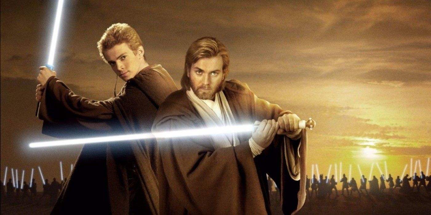 Hayden Christensen as Anakin Skywalker and Ewan McGregor as Obi-Wan Kenobi in Star Wars Attack of the Clones.