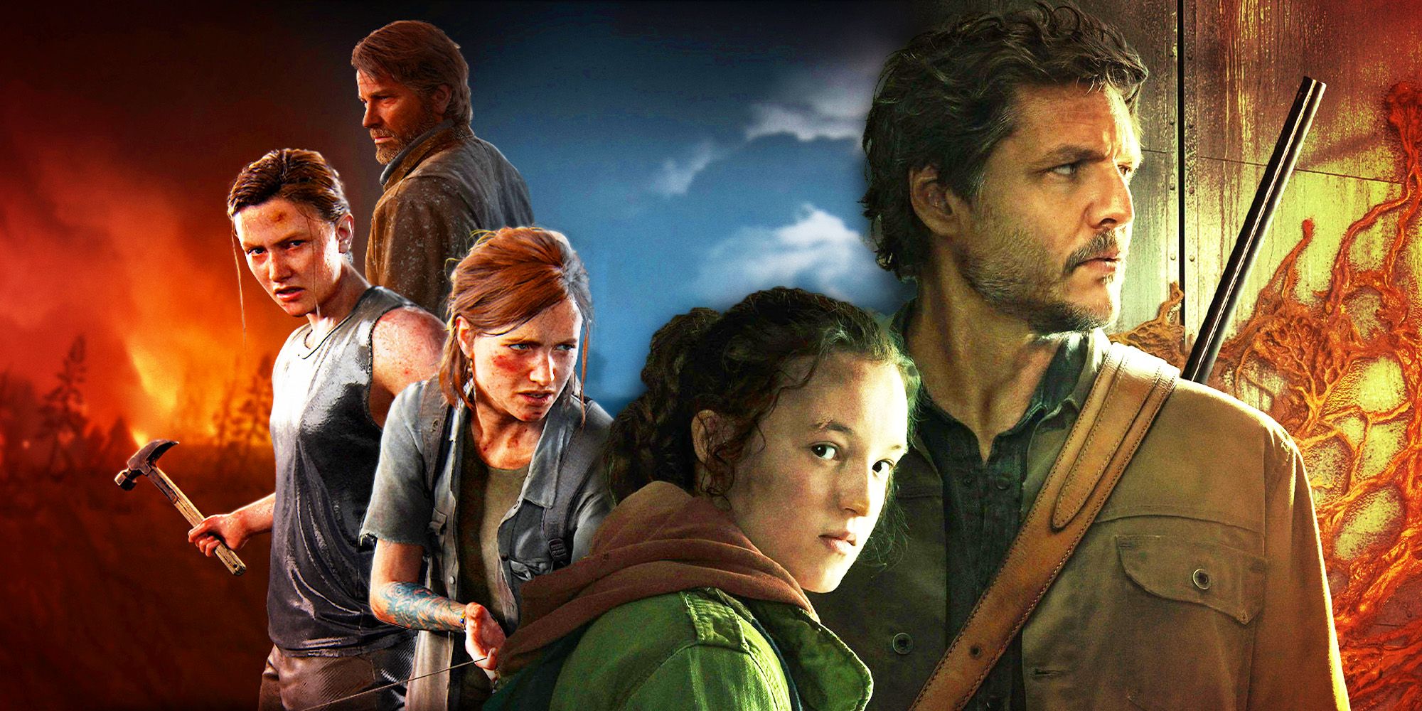 An image of Joel, Abby, and Ellie from The Last of Us Part II next to Bella Ramsey's Ellie and Pedro Pascal's Joel from HBO's The Last of Us show