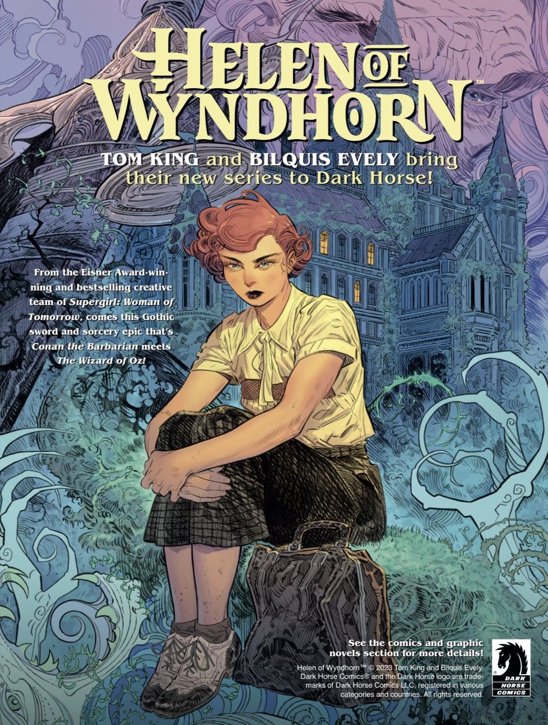 The cover to Helen of Wyndhorn: Helen, a young woman, sits atop a stone before an old, mist-shrouded mansion while trees reach out like fingers.