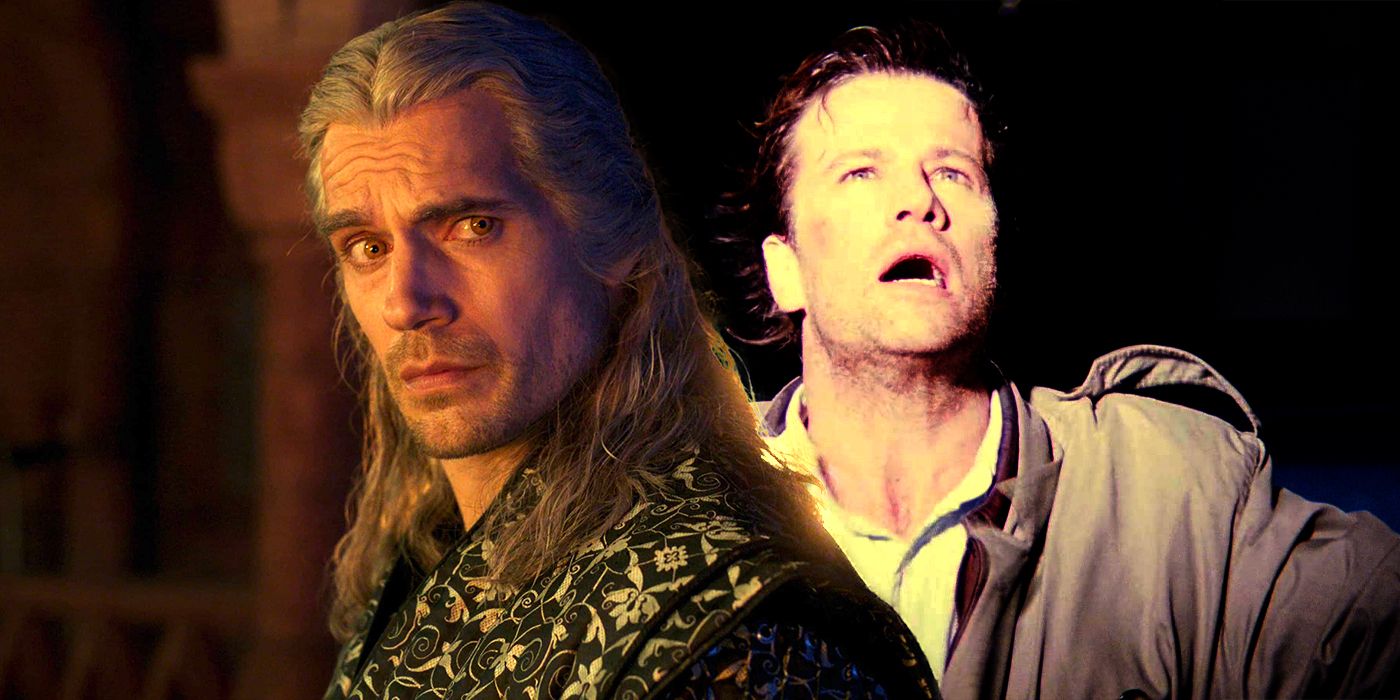 Uma imagem composta de Henry Cavill parecendo surpreso como Geralt em The Witcher e Christopher Lambert como Connor MacLean parado em um raio de luz em Highlander