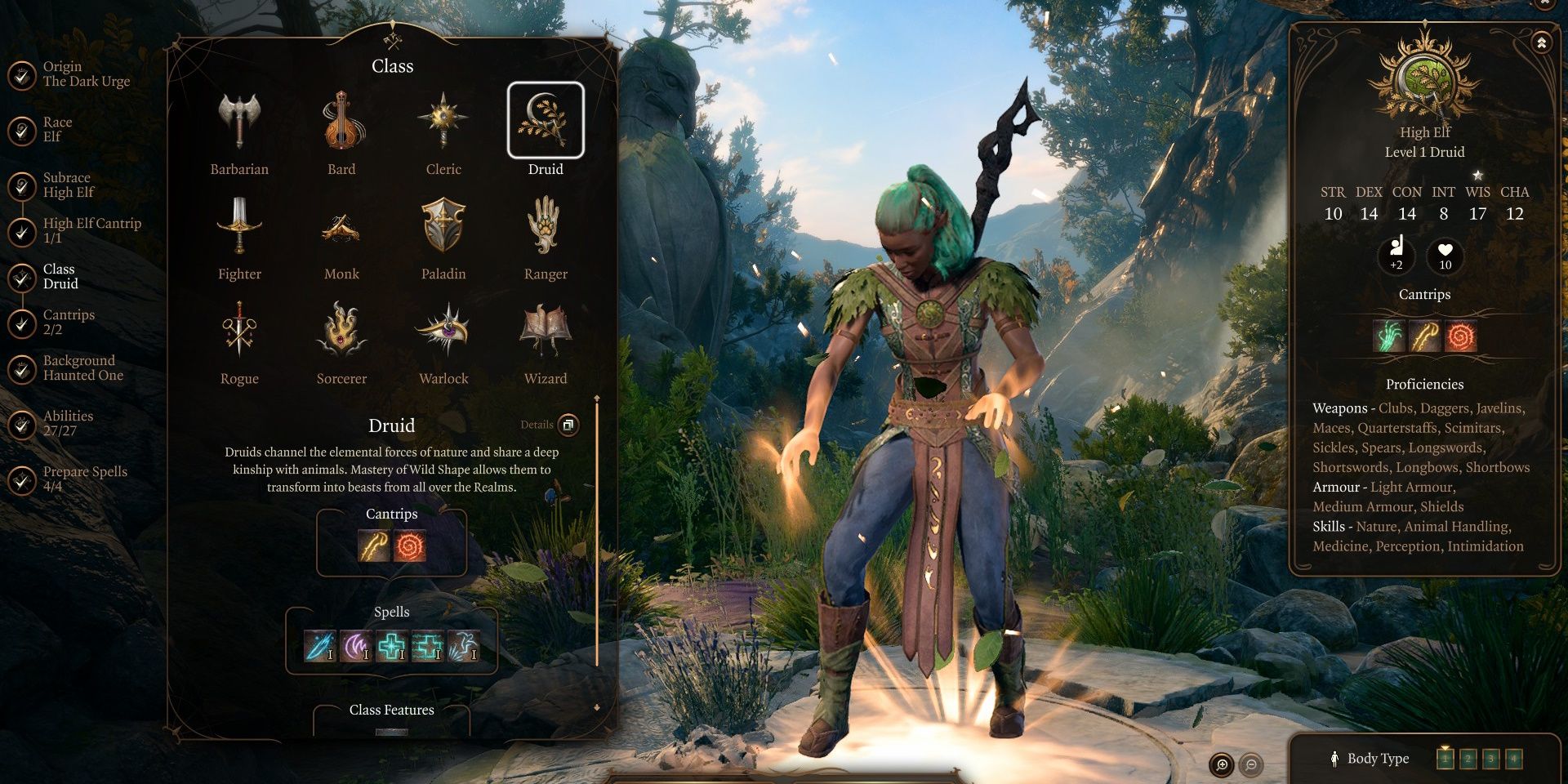 Character creation screen showing high elf druid in Baldur's Gate 3