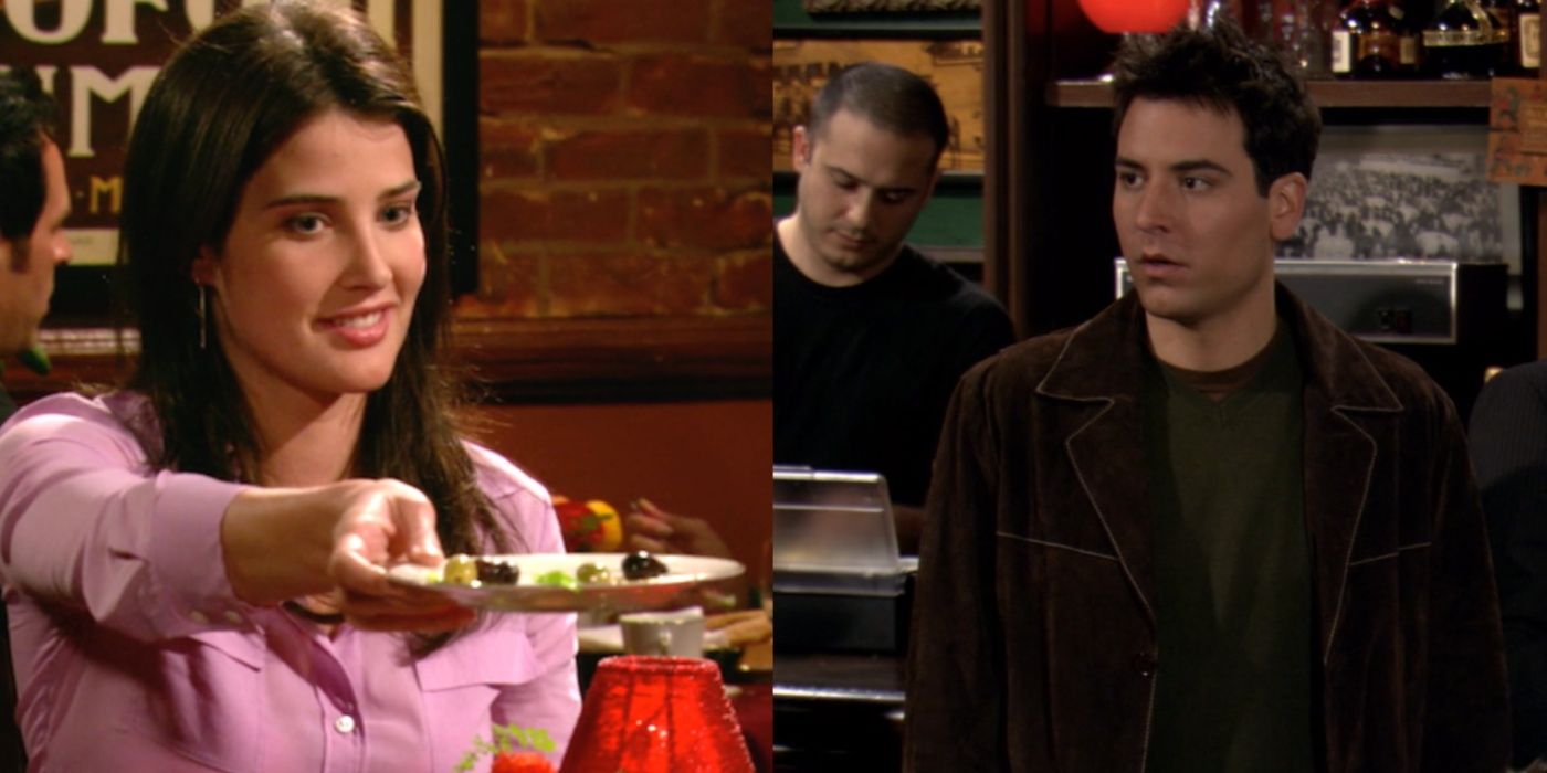 A side by side image features Robin offering a plate of olives and Ted appearing surprised in How I Met Your Mother's pilot episode