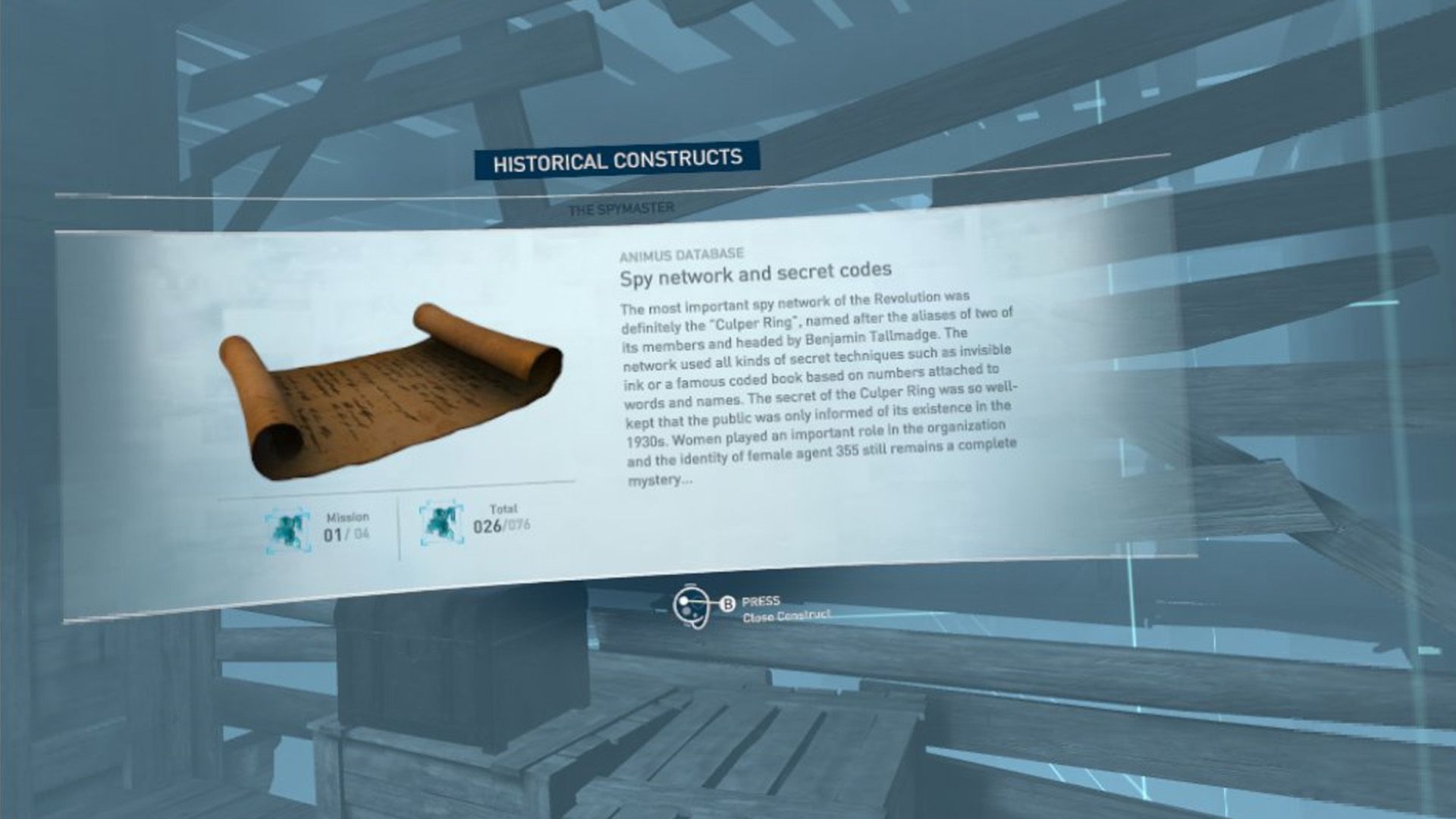 A Historical Construct talking about Washington's spy ring in AC Nexus VR.