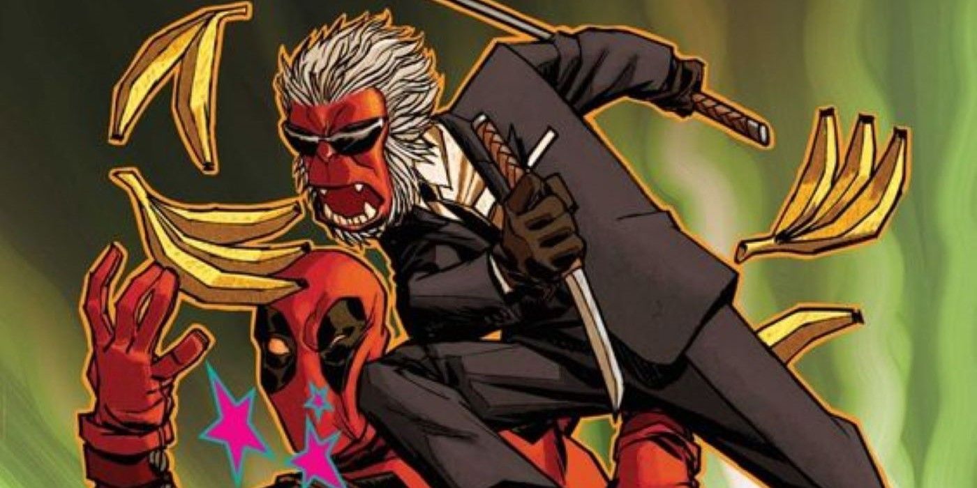 Featured Image: Hit-Monkey dressed in a sleek assassin get-up, driving a knee into Deadpool&rsquo;s face