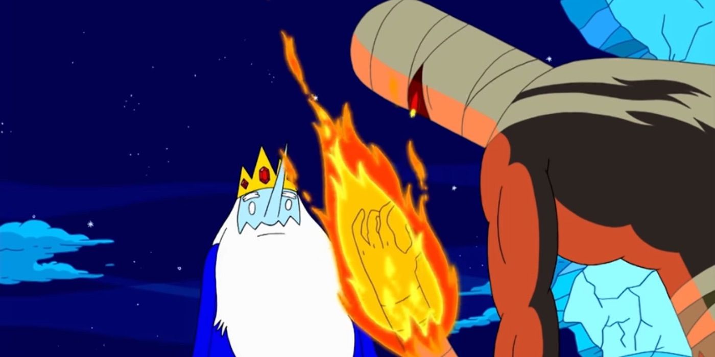 Scorcher towers over Ice King in Adventure Time.