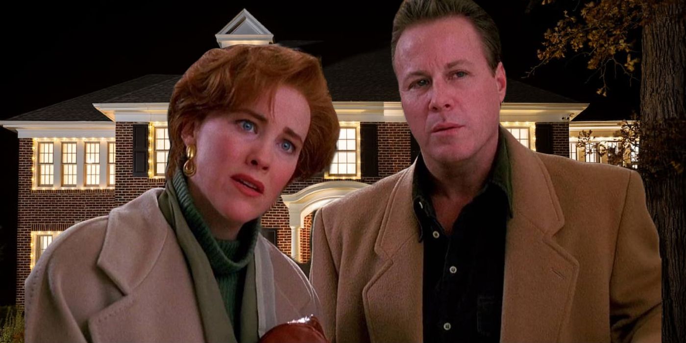 Composite photo of Kate and Peter McCallister in front of their house in Home Alone