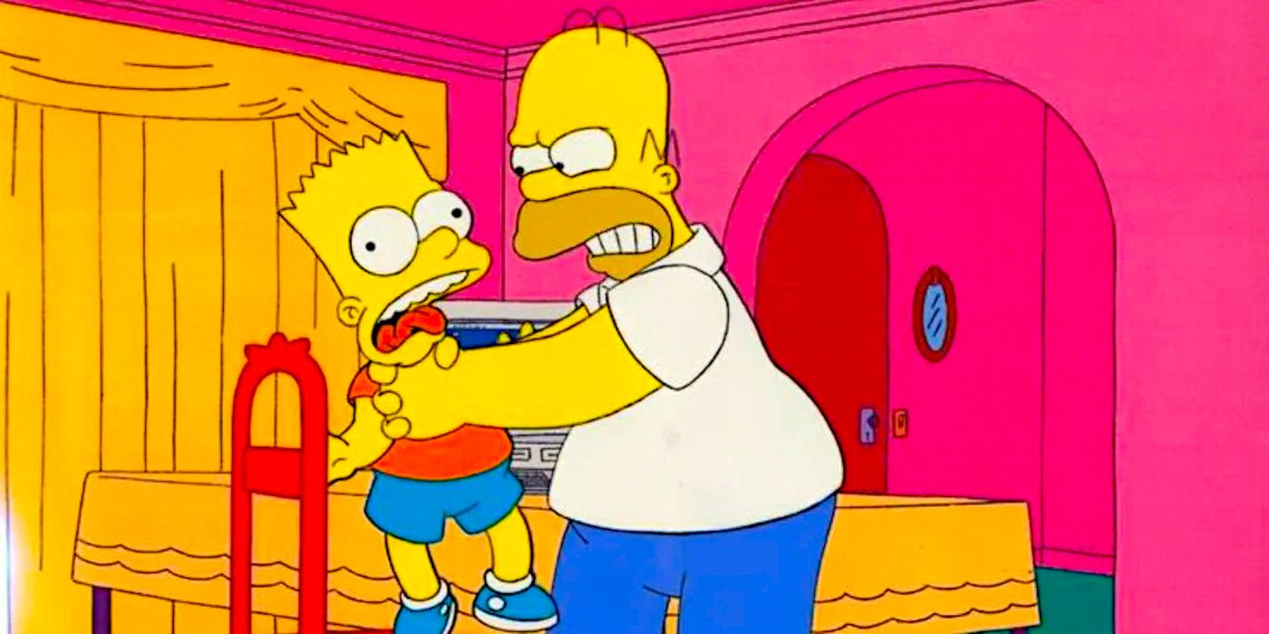 Homer Simpson holds Bart Simpson off the ground while gripping him by the neck