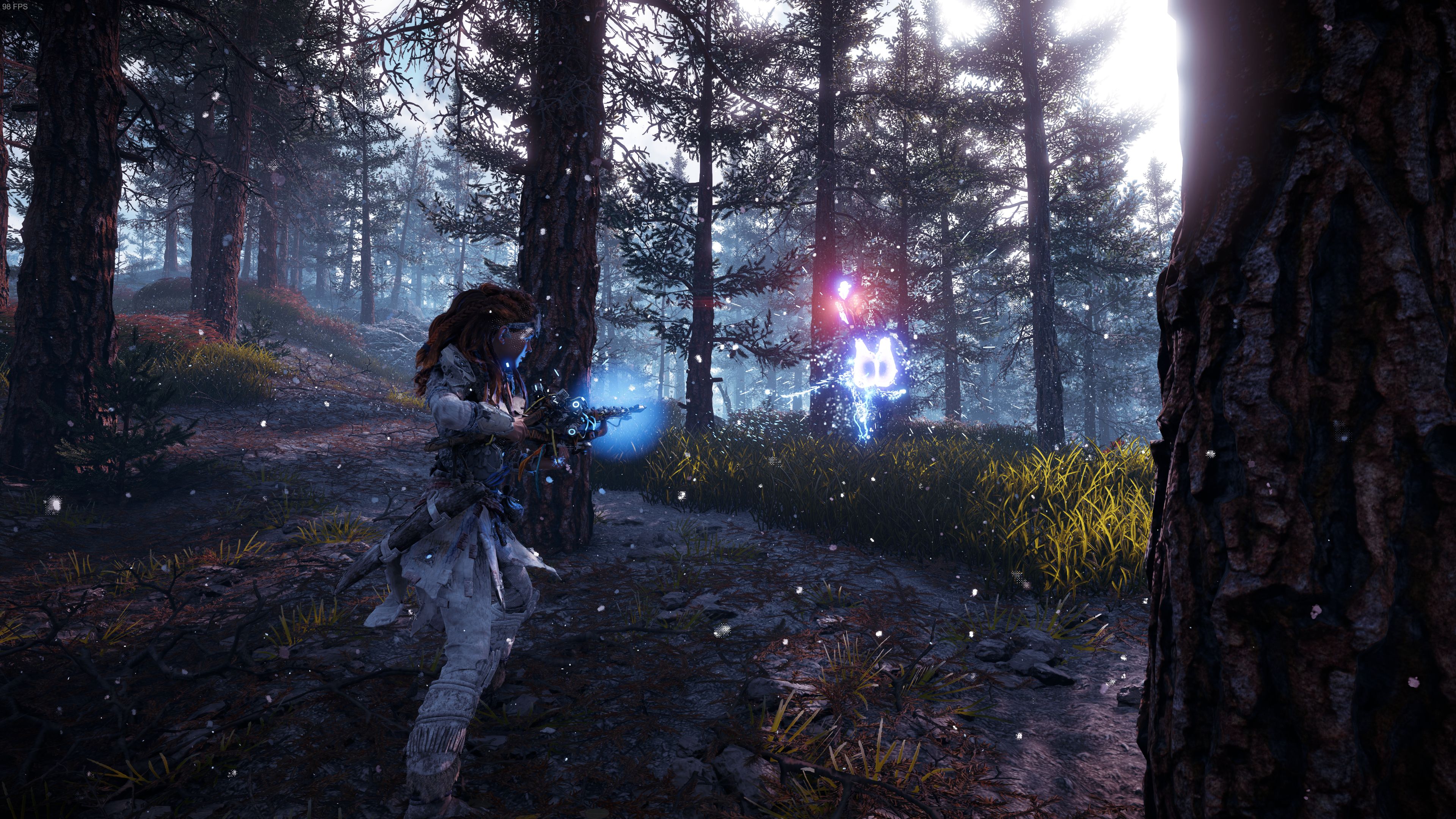 Horizon Zero Dawn Aloy Firing Improved Stormslinger At Longleg In Frozen Wilds Forest