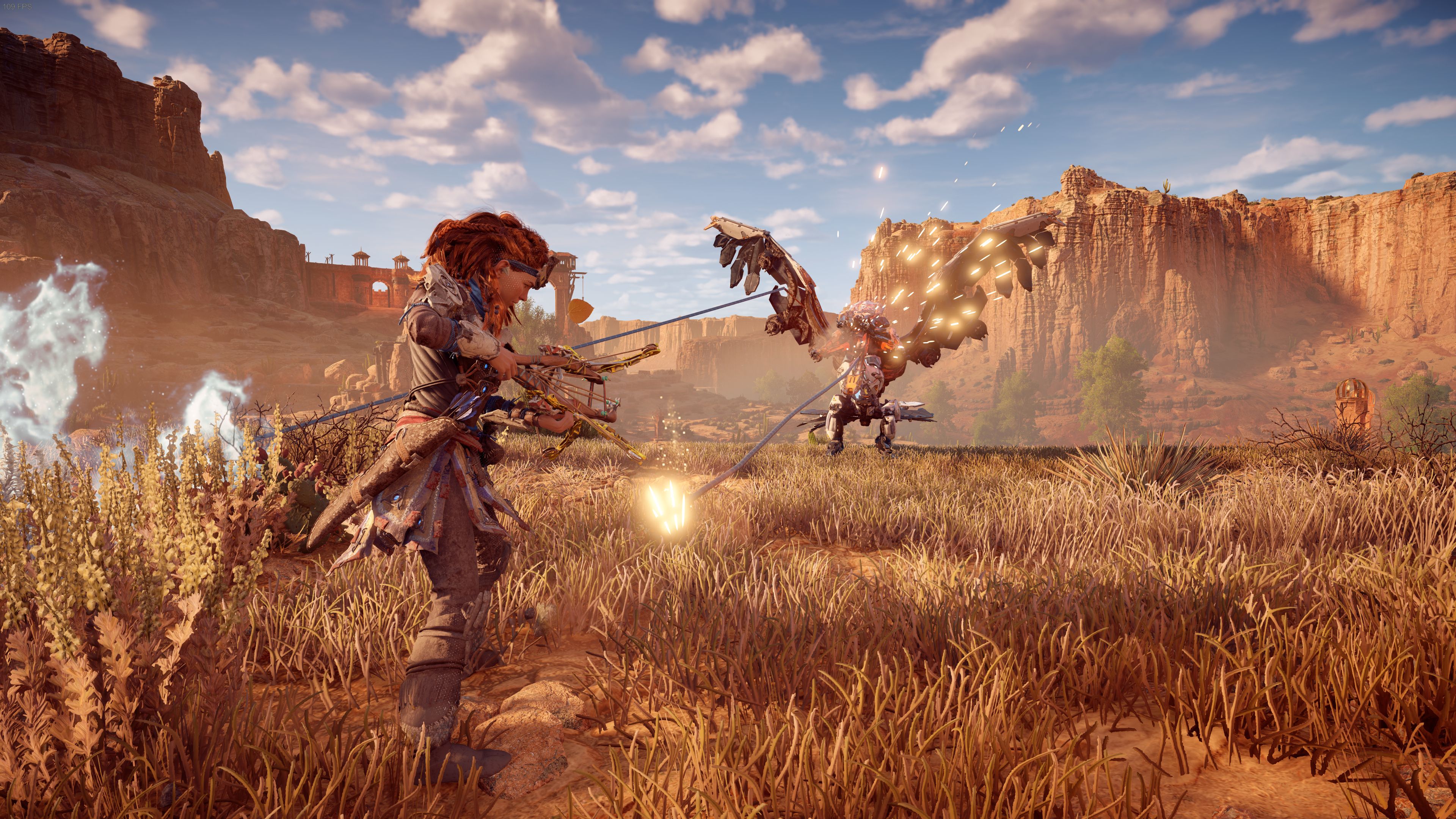 Horizon Zero Dawn Aloy Tying Down Glinthawk With Ropecaster Ropes In Desert