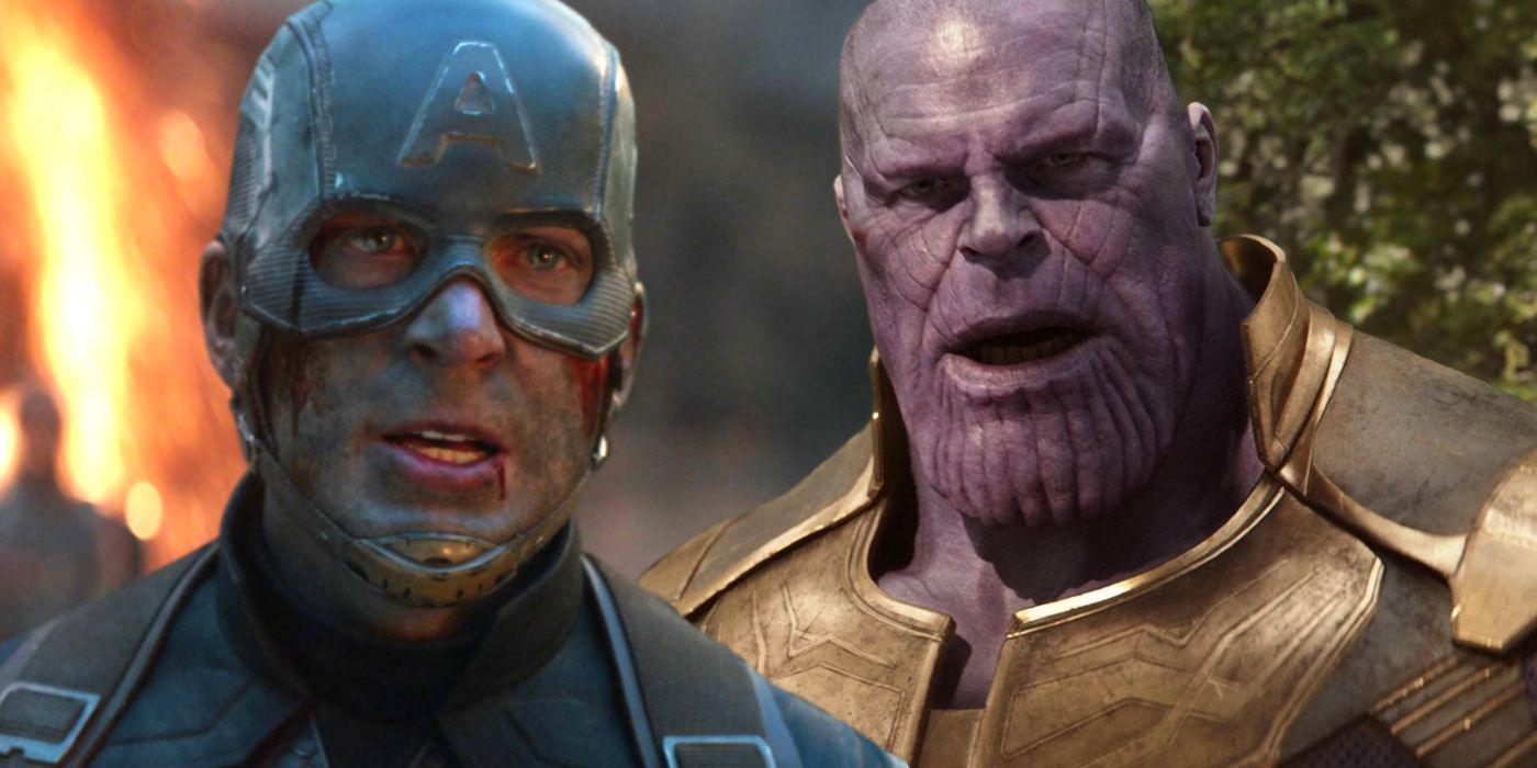 Chris Evans as Captain America in Avengers: Endgame and Josh Brolin as Thanos looking shocked in Avengers: Infinity War