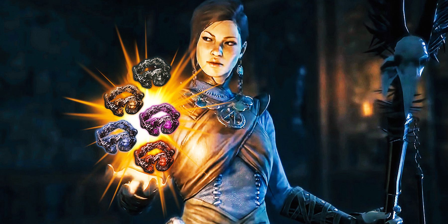 A female character in Diablo 4 holding up her hand with five glowing rings.