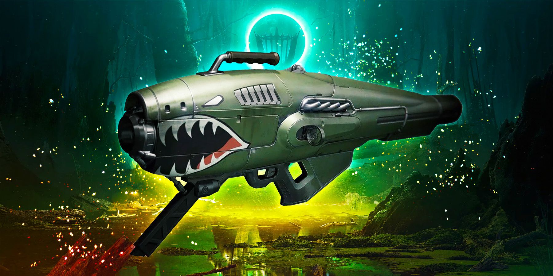 The Dragon’s Breath Exotic Rocket Launcher from Destiny 2 superimposed over a key art for The Witch Queen expansion.