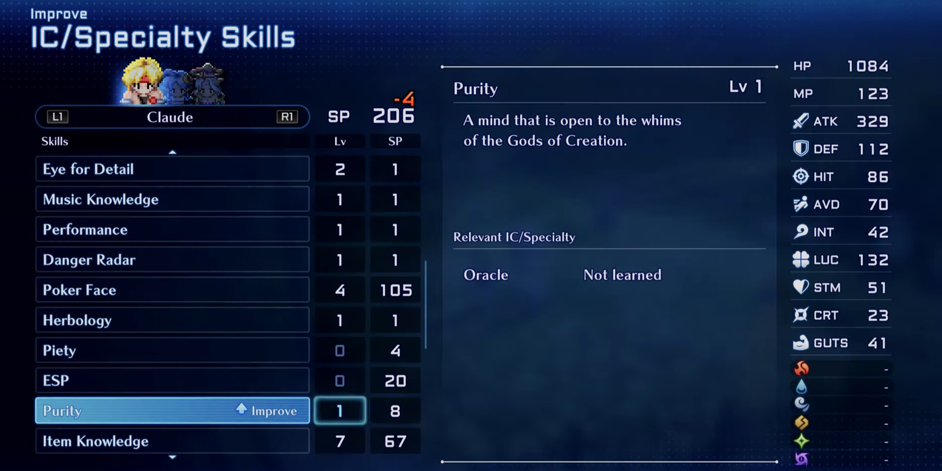 The Purity Skill in the IC/Specialty Skill menu in Star Ocean: The Second Story R