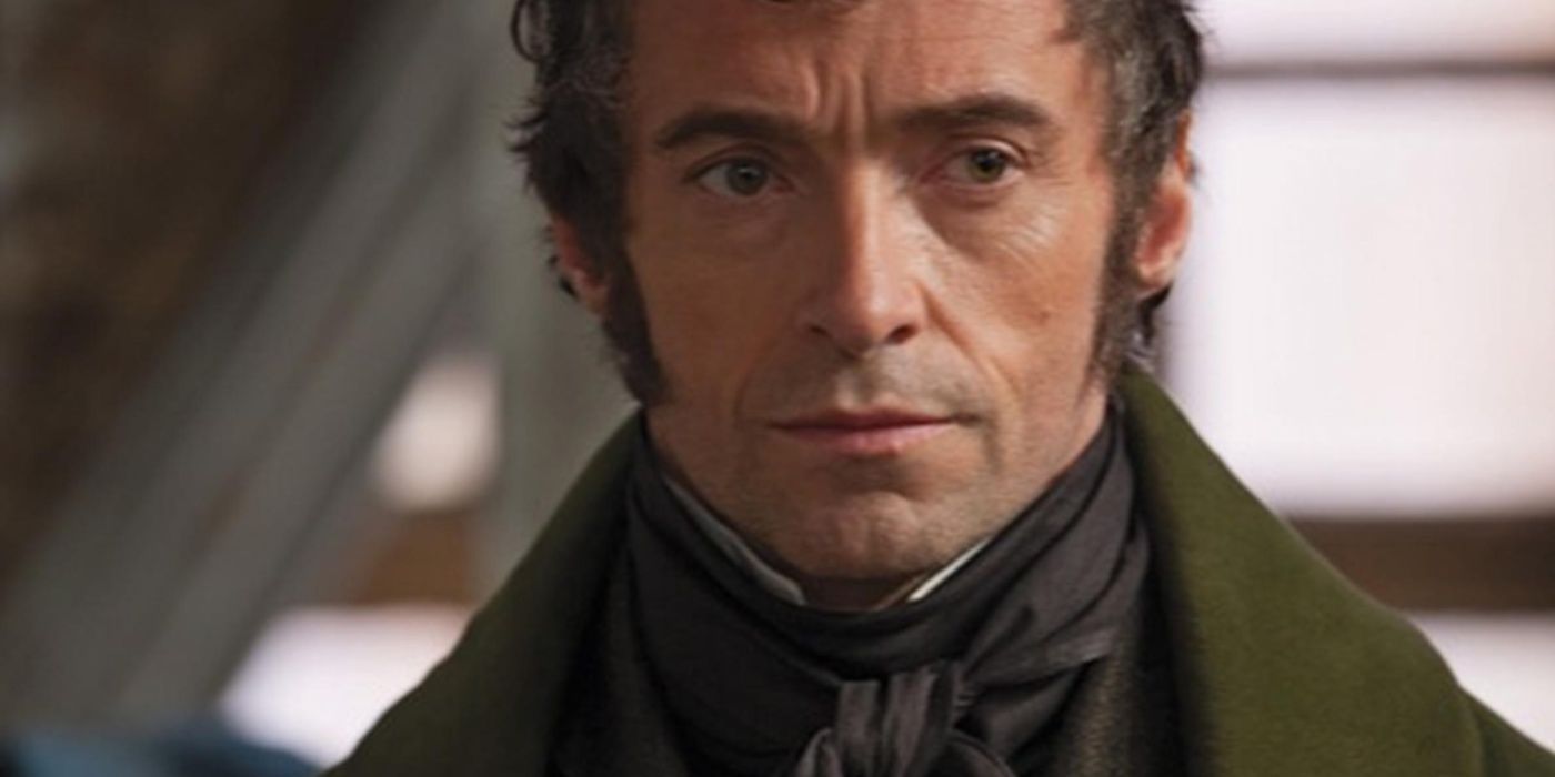 Hugh Jackman as Jean Valjean looking serious in Les Miserables