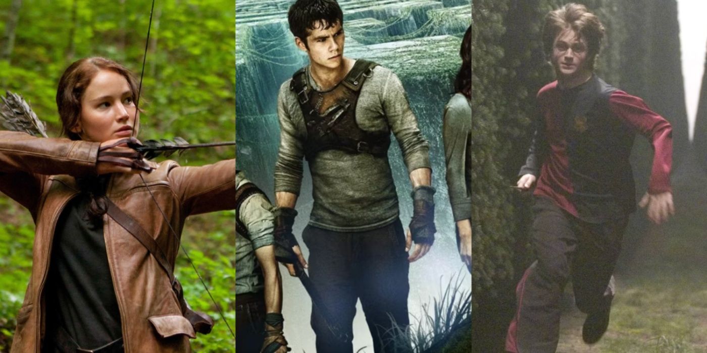 Side by side images depict Katniss in The Hunger Games, Thomas in The Maze Runner, and Harry Potter in Goblet of Fire