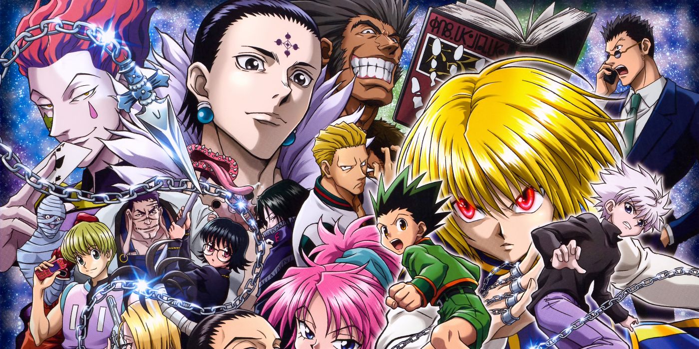 Several characters from Hunter x Hunter in front of a purple and blue background with stars