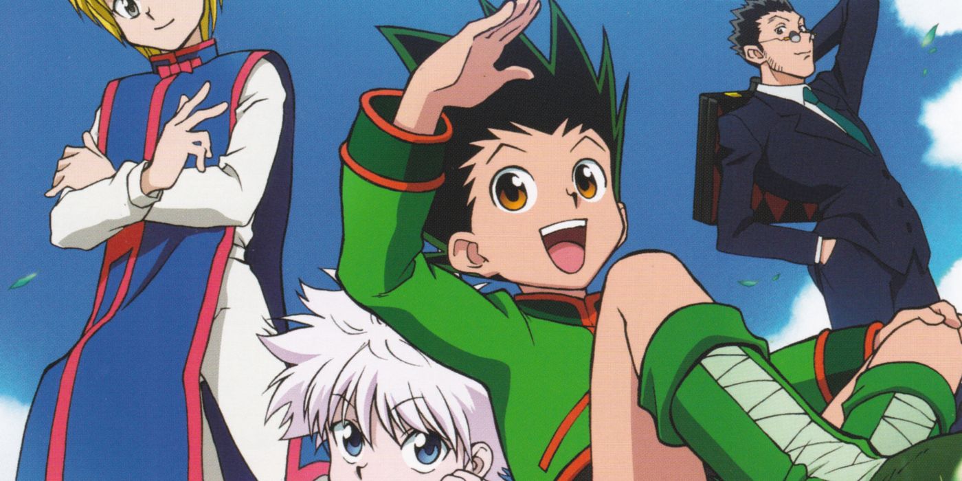 Hunter x Hunter characters Gon, Kurapika, Killua, and Leorio in front of blue sky with clouds