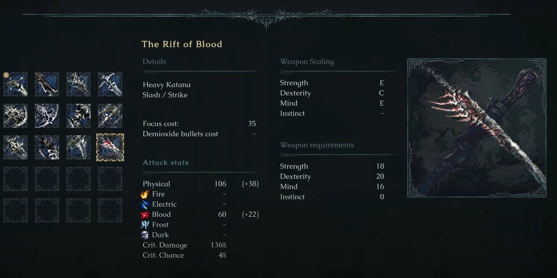 The Last Faith The Rift of Blood Melee Weapon with Stats Displayed