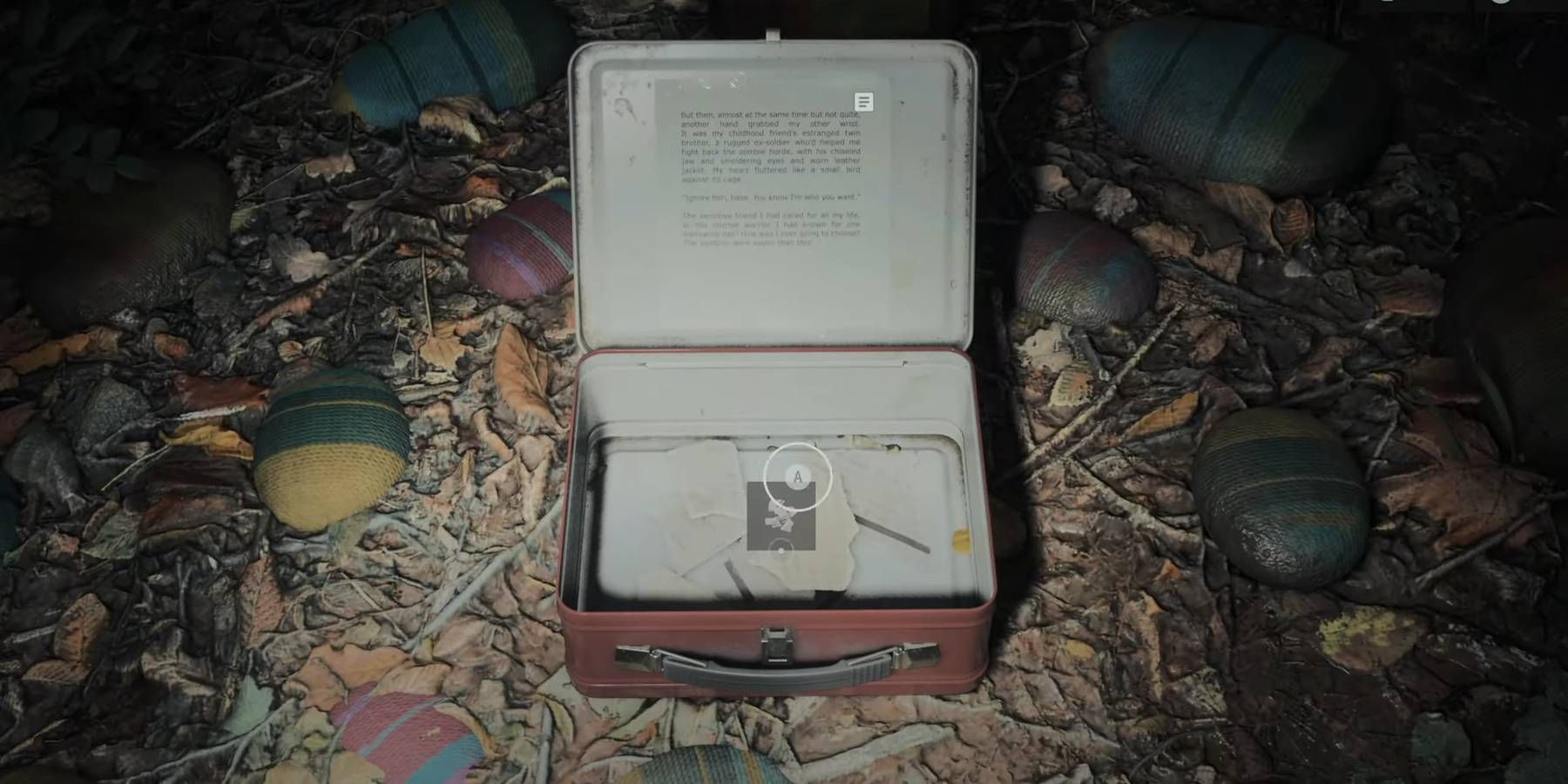 Lonchera de Alan Wake Alex Casey con cada fragmento de manuscrito en un lugar acuoso