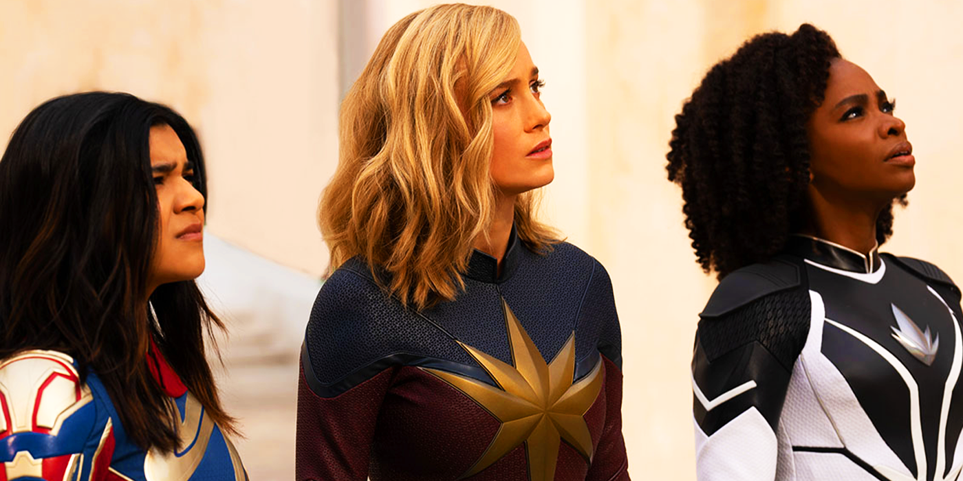 Iman Vellani's Kamala Khan, Brie Larson's Carol Danvers, and Teyonah Parris' Monica Rambeau in new superhero suits on Aladna in The Marvels